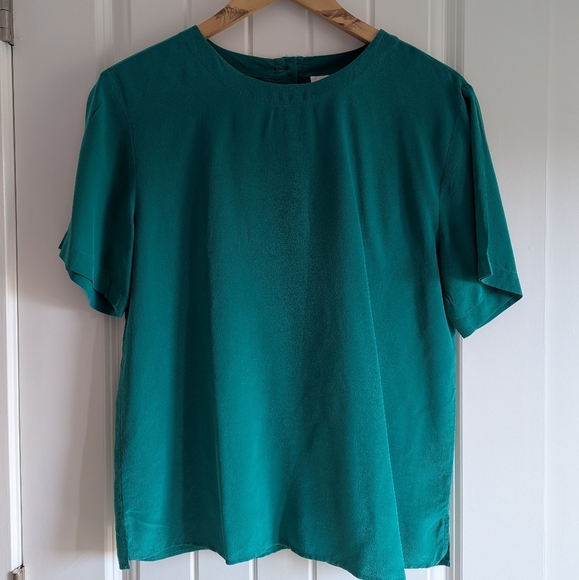 100% silk green short sleeve blouse for work, size M - Picture 4 of 12